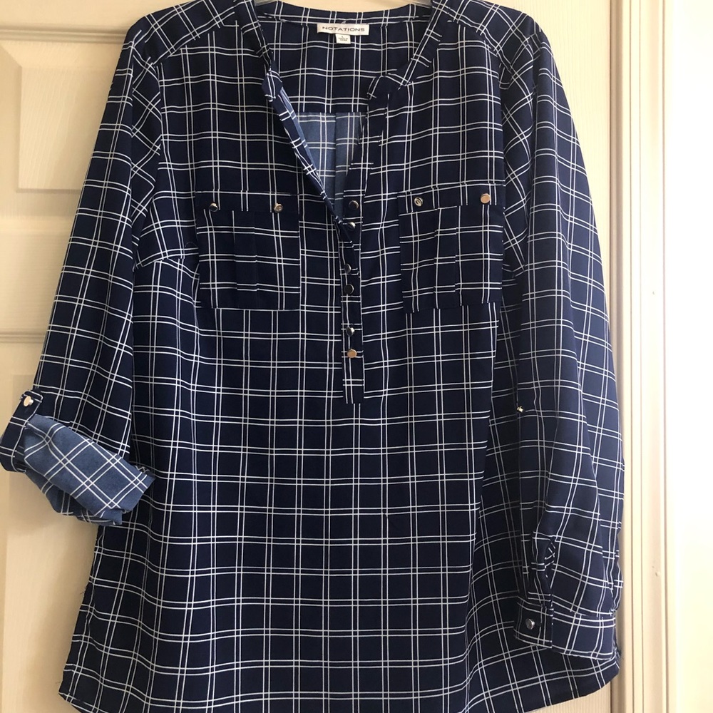 Navy and white blouse with silver buttons